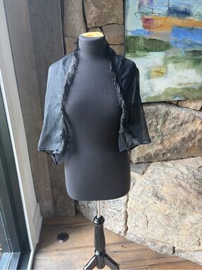 Vintage Black Sheer Beaded Fringe Shrug Bolero Evening Wrap